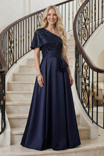 One-Shoulder Sequin Bodice A-Line Evening Gown