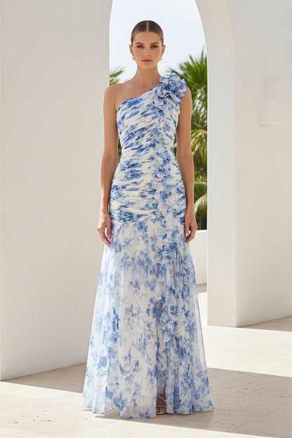 One-Shoulder Floral Ruffle Mermaid Evening Dress