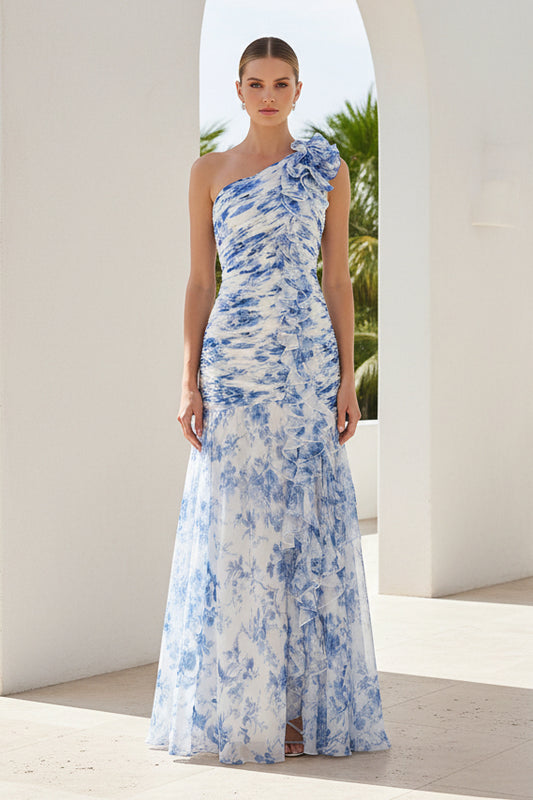 One-Shoulder Floral Ruffle Mermaid Evening Dress