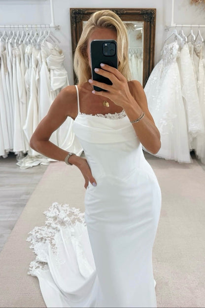 Low Back Crepe Mermaid Wedding Dress with Lace Train