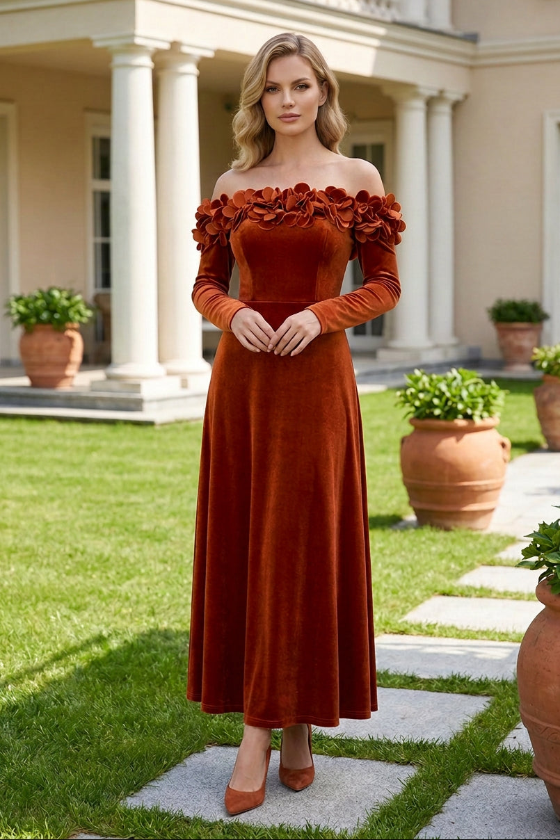 Off-the-Shoulder Floral Applique Velvet Maxi Dress