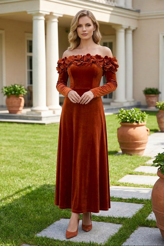 Off-the-Shoulder Floral Applique Velvet Maxi Dress