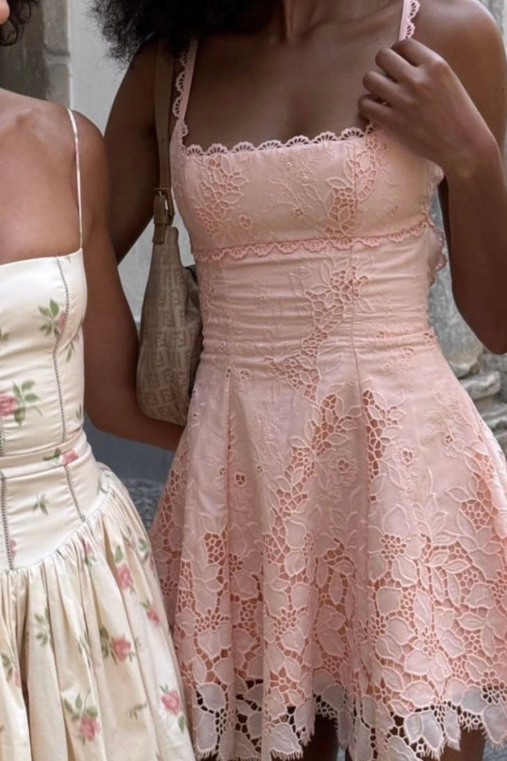 Scalloped Lace Square Neck Fit & Flare Mini Dress