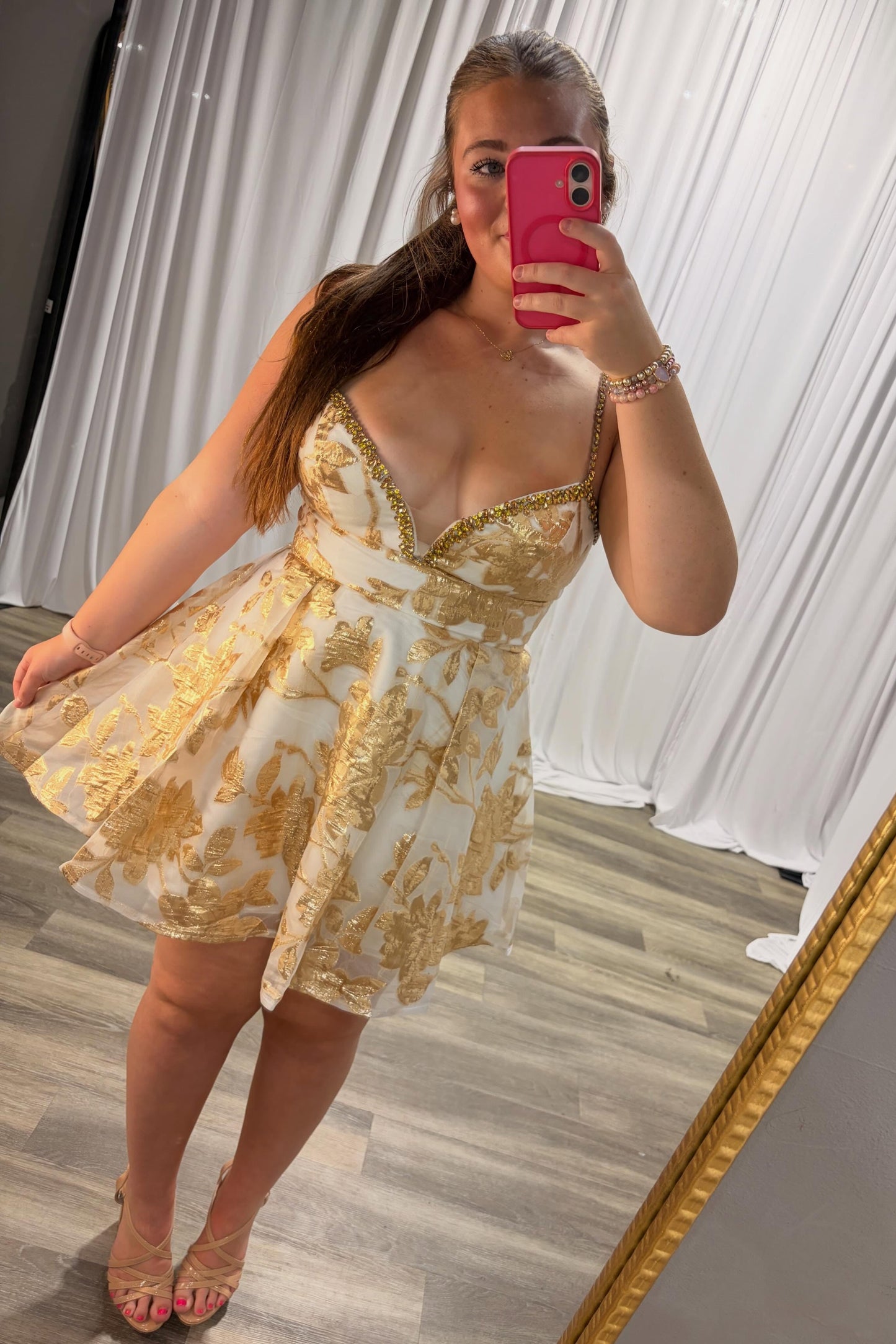 Floral Jacquard A-Line Mini Dress with Beaded Straps