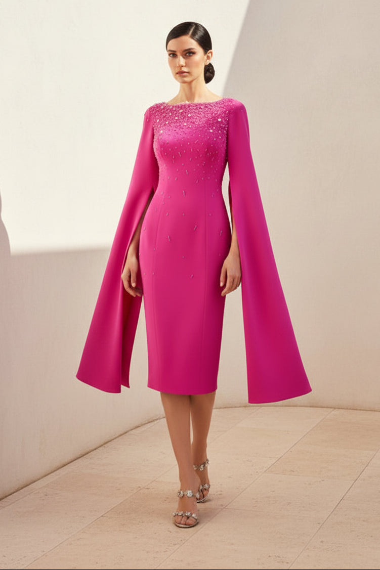 Beaded Midi Sheath Dress with Cape Sleeves