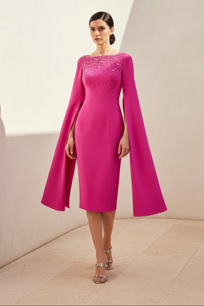 Beaded Midi Sheath Dress with Cape Sleeves