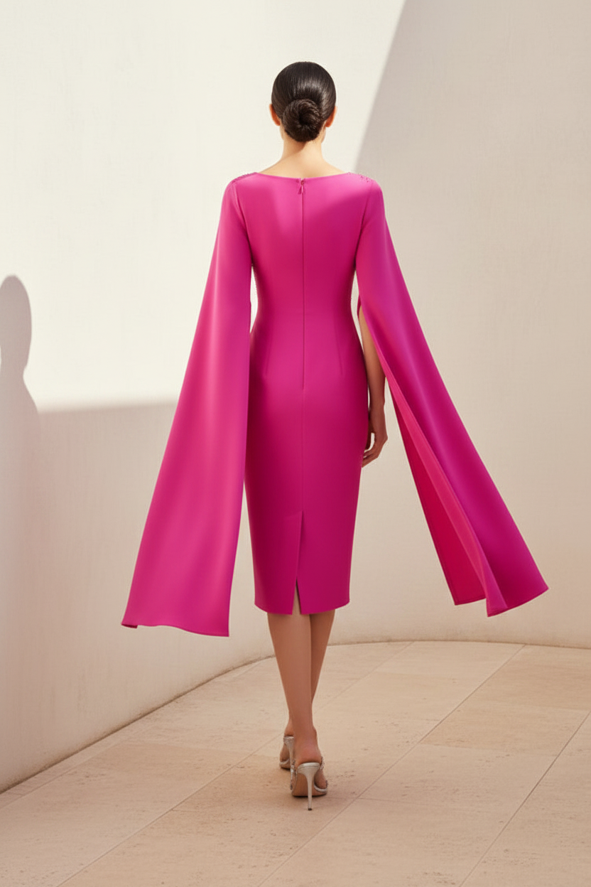 Beaded Midi Sheath Dress with Cape Sleeves