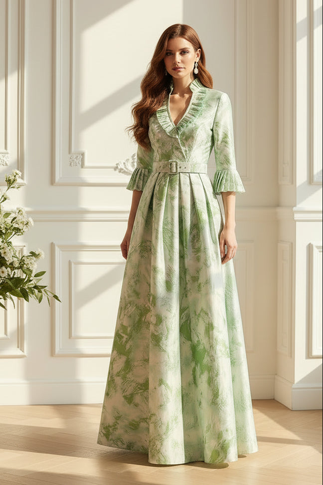 Abstract Print Pleated A-Line Maxi Dress