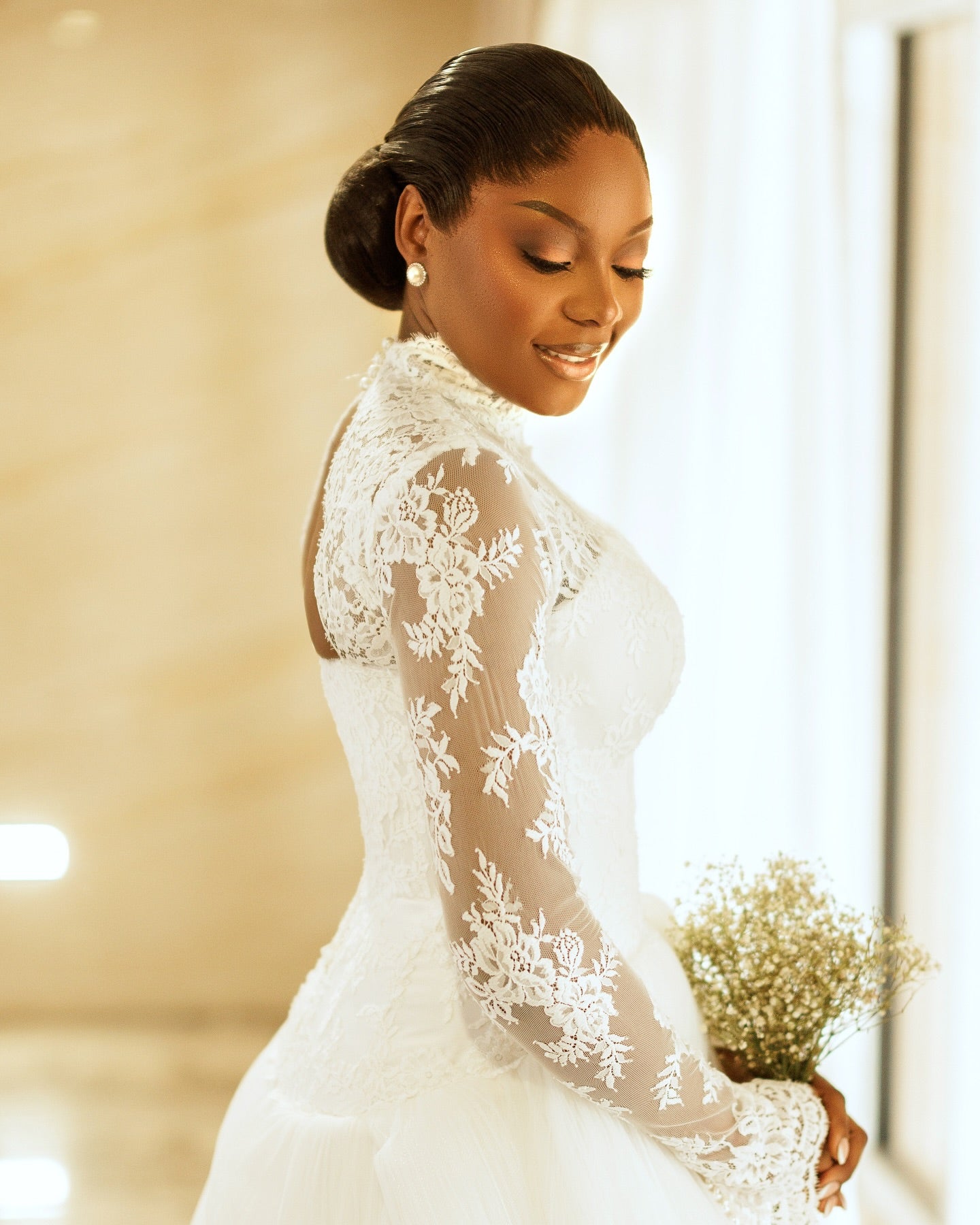 High Neck Lace Long Sleeve Ball Gown Wedding Dress