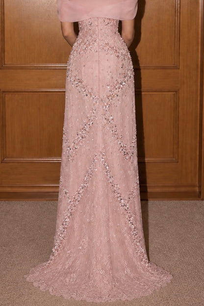 Off-the-Shoulder Beaded Column Gown