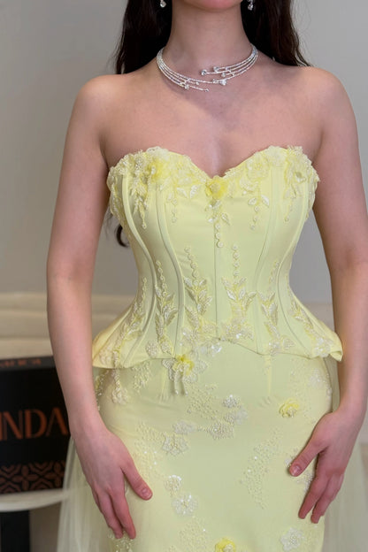 Strapless Corset Evening Gown with Tulle Train