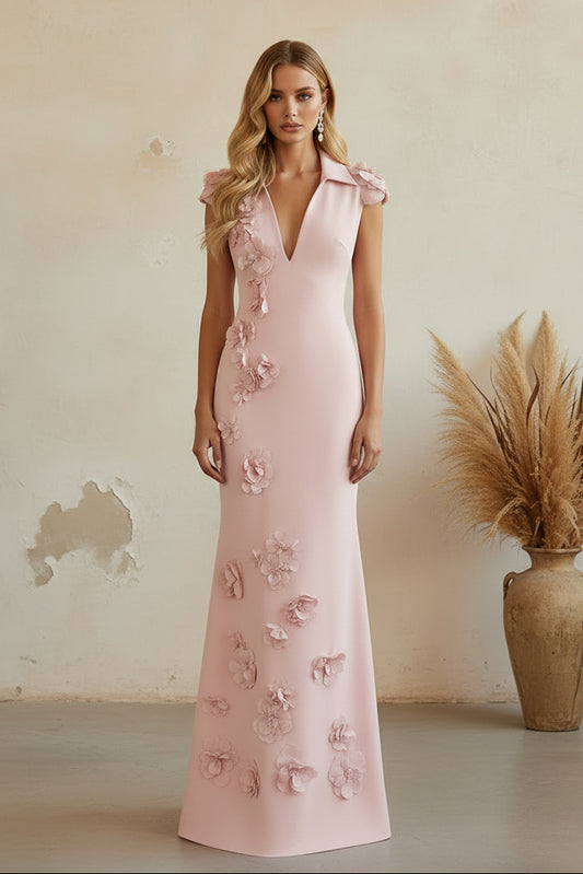 Collared V-Neck Mermaid Evening Gown with 3D Flowers