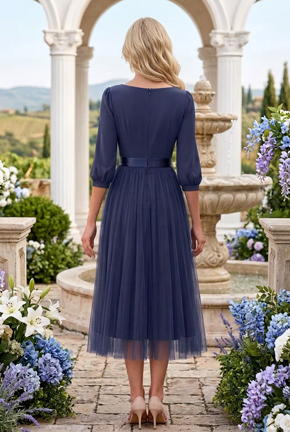 Cowl Neck Tulle Midi Dress with 3/4 Sleeves