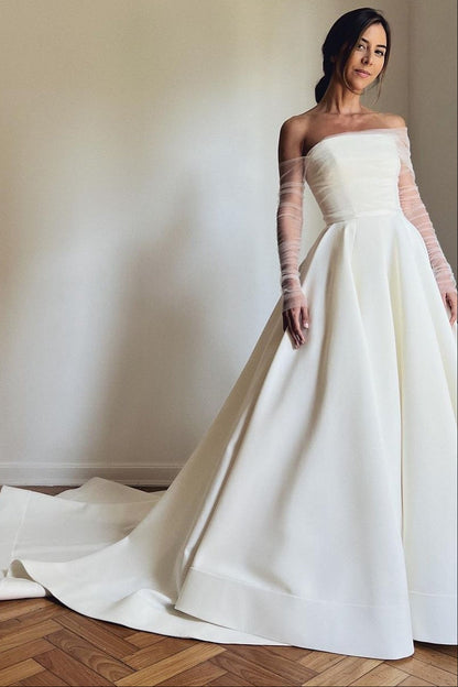 Off-the-Shoulder Ruched Tulle Satin Wedding Dress