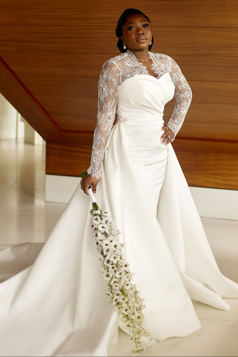 Lace Long Sleeve Satin Wedding Dress with Overskirt
