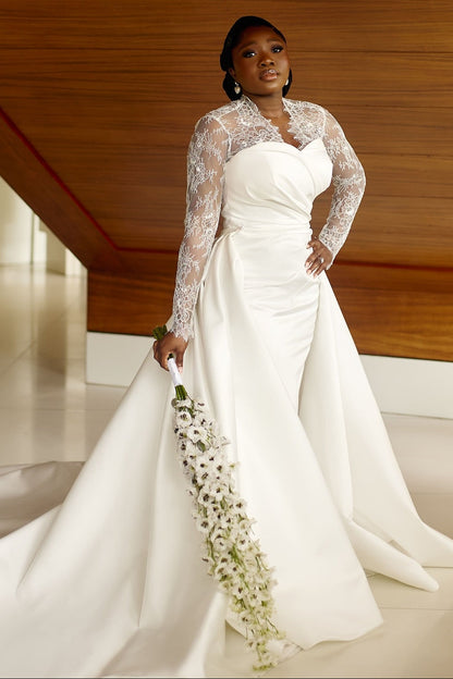 Lace Long Sleeve Satin Wedding Dress with Overskirt