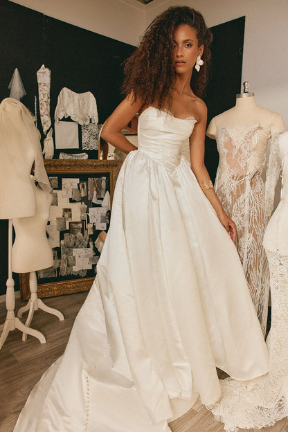 Strapless Satin A-Line Wedding Dress with Button Back