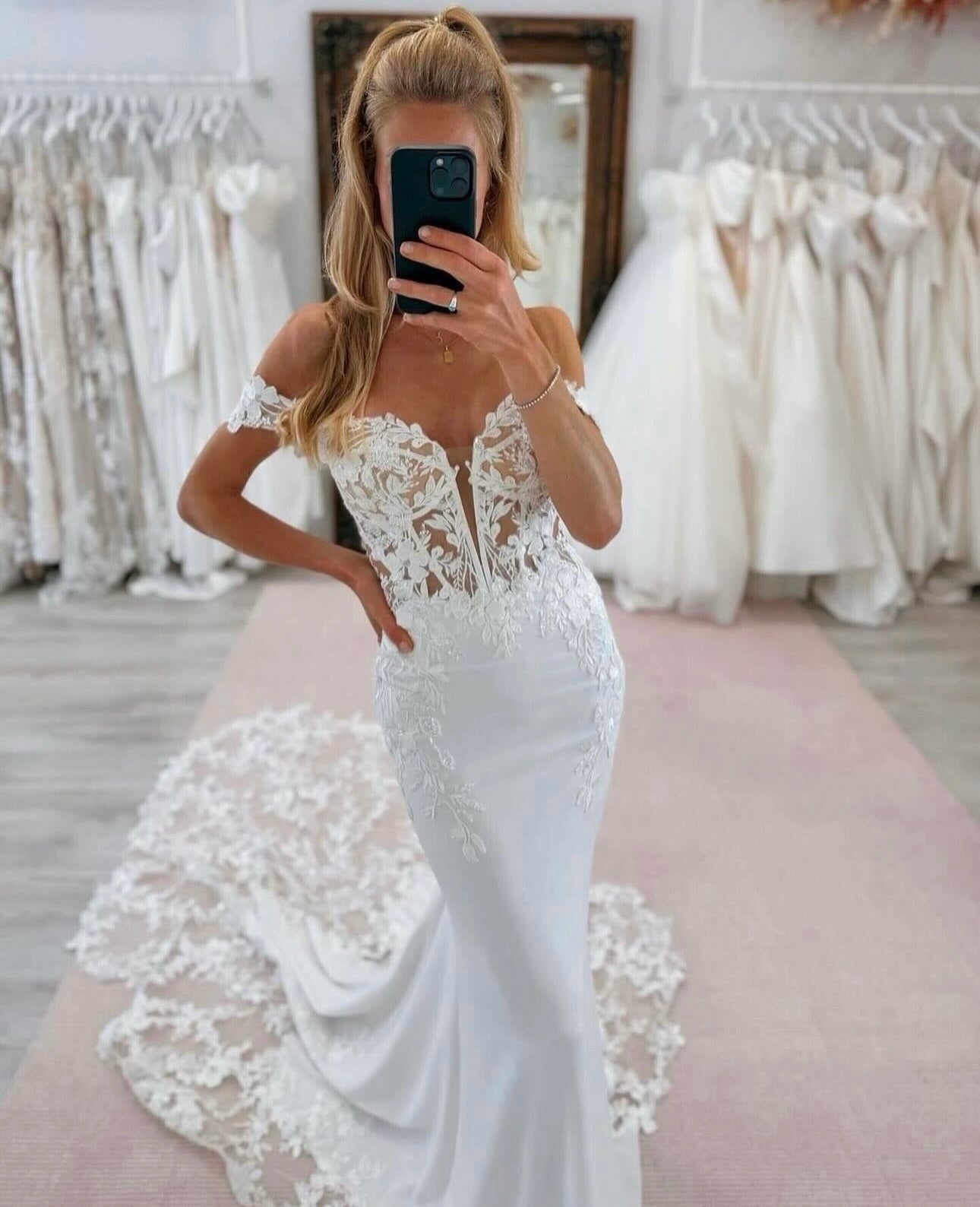 Off-the-Shoulder Mermaid Wedding Dress with Lace Train
