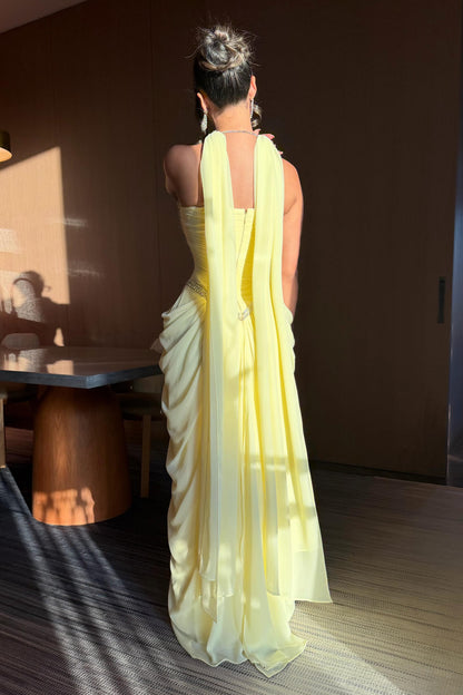 Embellished Corset Drape Evening Gown with Scarf