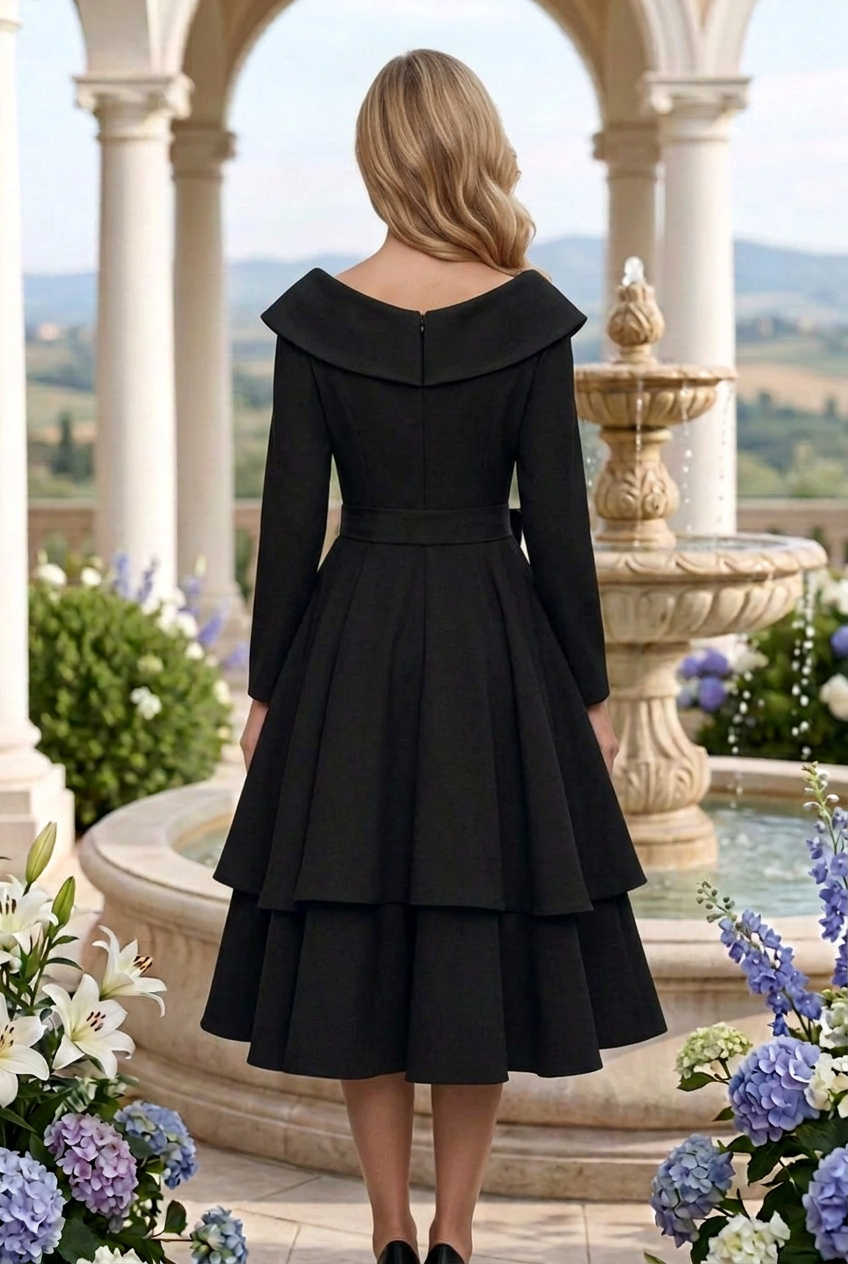 Foldover Collar Tiered Midi A-Line Dress