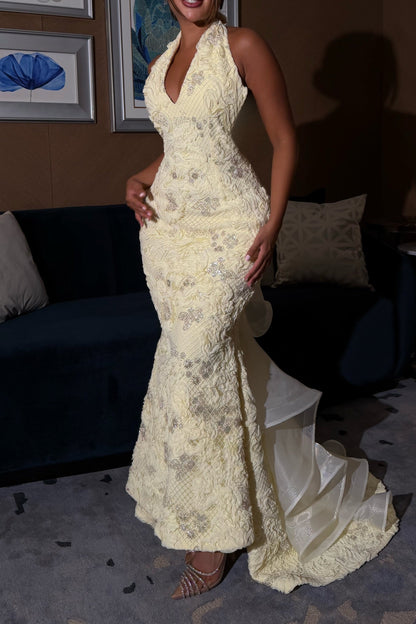 Embroidered Halter Mermaid Gown with Tiered Ruffle Train