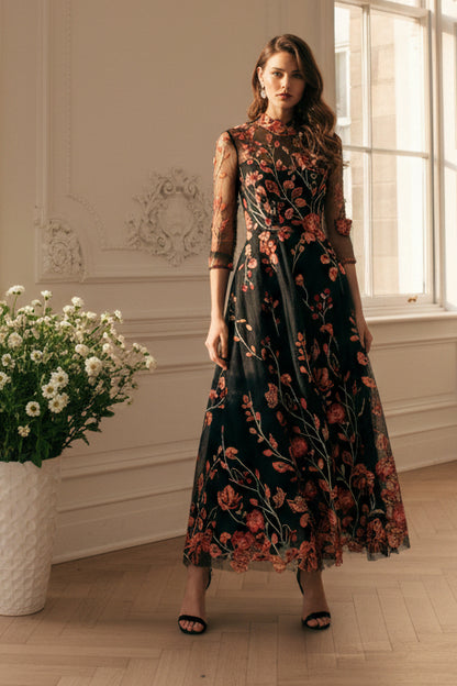 Illusion High Neck 3D Floral A-Line Dress