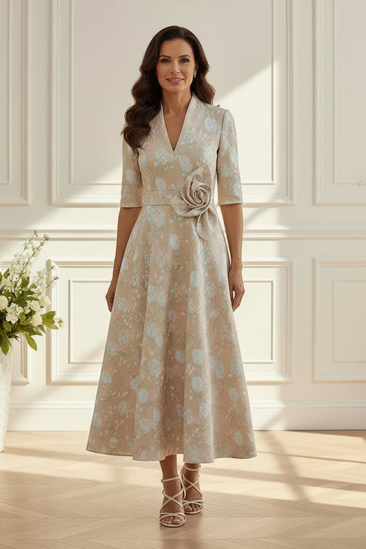 Elegant Floral Jacquard Midi Dress with 3D Flower
