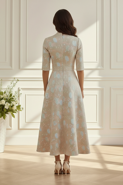 Elegant Floral Jacquard Midi Dress with 3D Flower