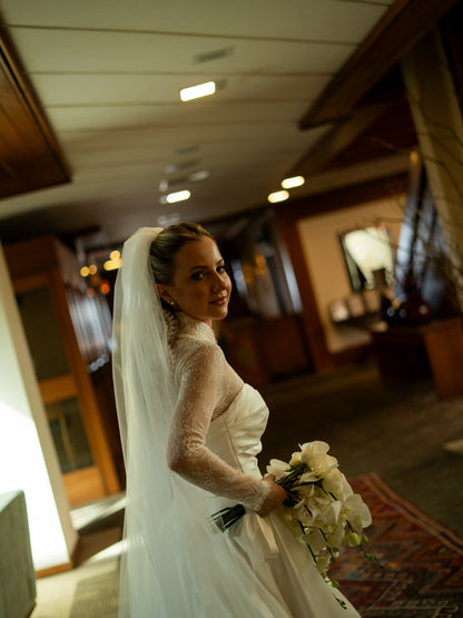 Long Sleeve Lace and Satin A-Line Bridal Gown