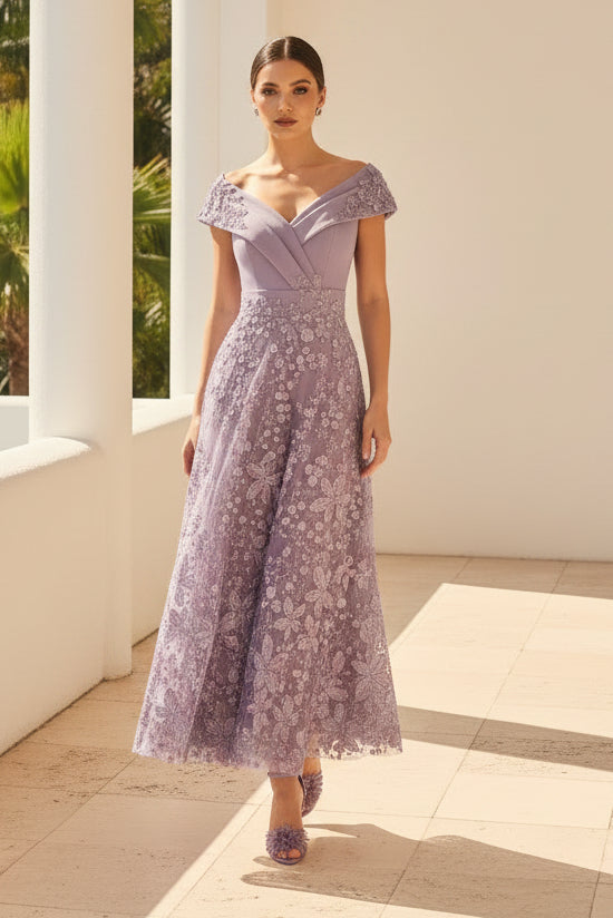 Off-the-Shoulder Tea-Length Lace Formal Dress