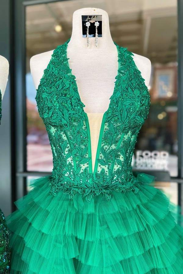 Halter Deep V-Neck Corset Tiered Tulle Mini Dress