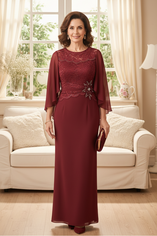 Scalloped Lace Cape-Sleeve Floor-Length Evening Gown