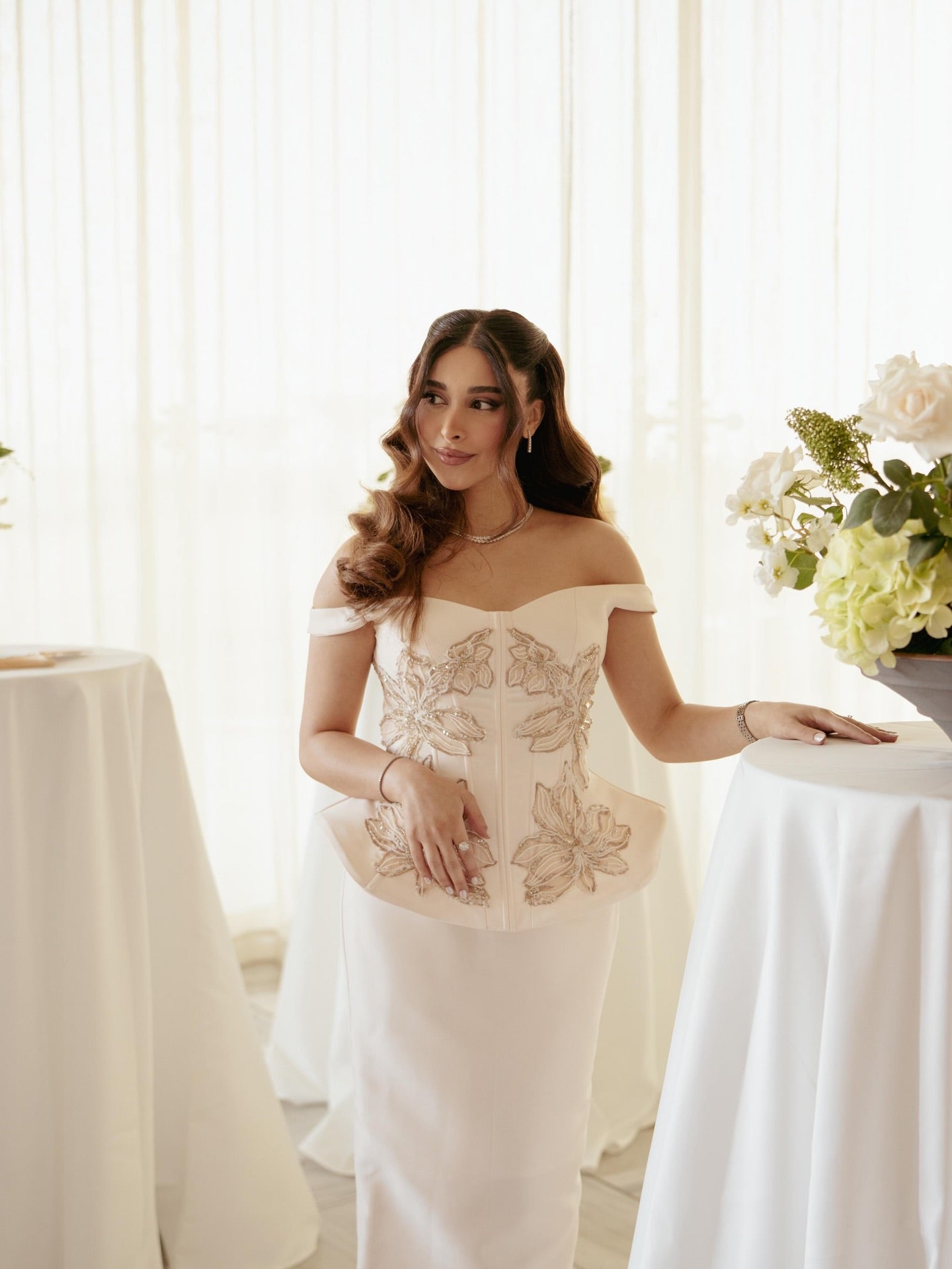 Off-the-Shoulder Peplum Corset Column Dress