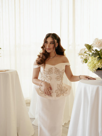 Off-the-Shoulder Peplum Corset Column Dress