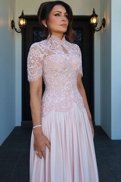 High Neck Lace Bodice A-Line Gown with Short Sleeves