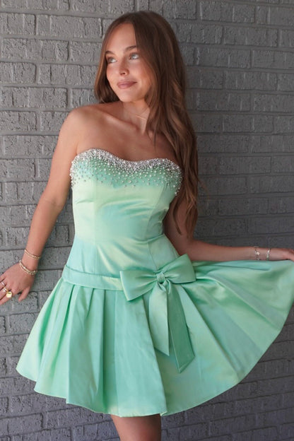 Strapless Beaded Satin Homecoming Dress with Bow