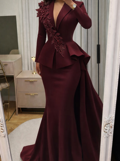 Beaded 3D Flower Peplum Blazer Evening Gown