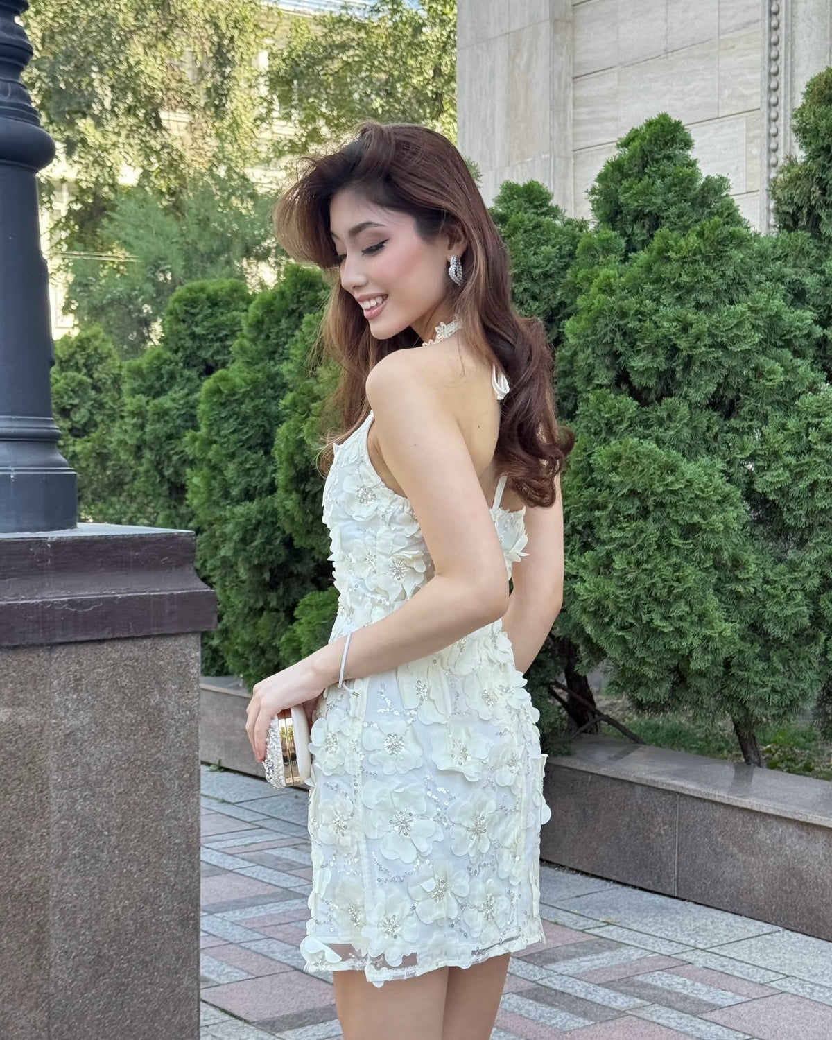 3D Floral Applique Halter Mini Dress