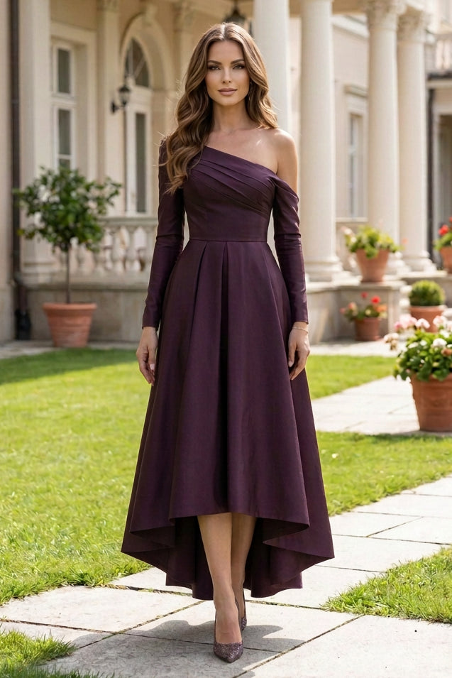 One-Shoulder Pleated High-Low Evening Dress