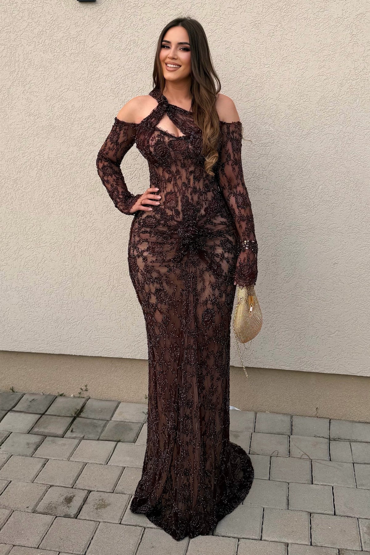 Cold-Shoulder Lace Evening Gown with Beaded Overlay