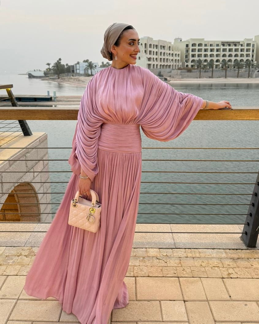 Pleated Batwing Sleeve Maxi Dress