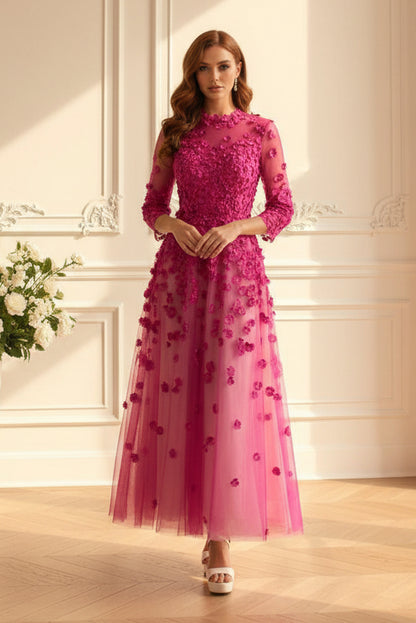 Illusion High Neck 3D Floral A-Line Dress