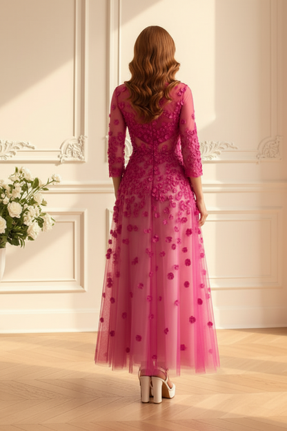 Illusion High Neck 3D Floral A-Line Dress