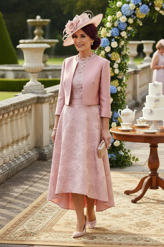 Floral Jacquard Two-Piece Dress with Cropped Jacket