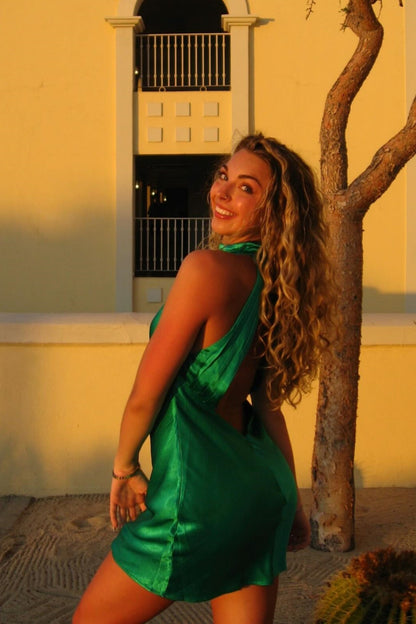 Satin Halter Neck Backless Mini Dress