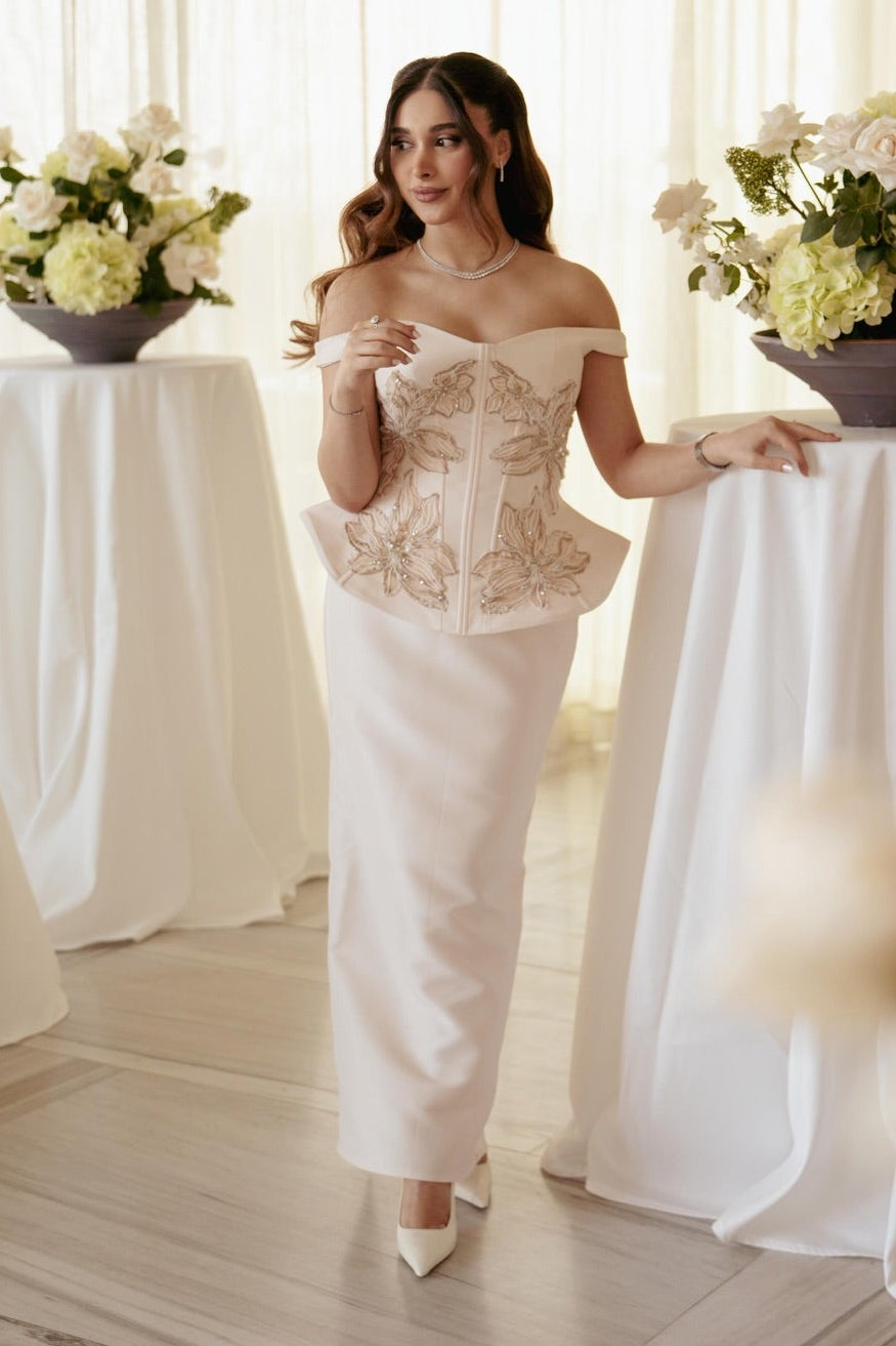 Off-the-Shoulder Peplum Corset Column Dress