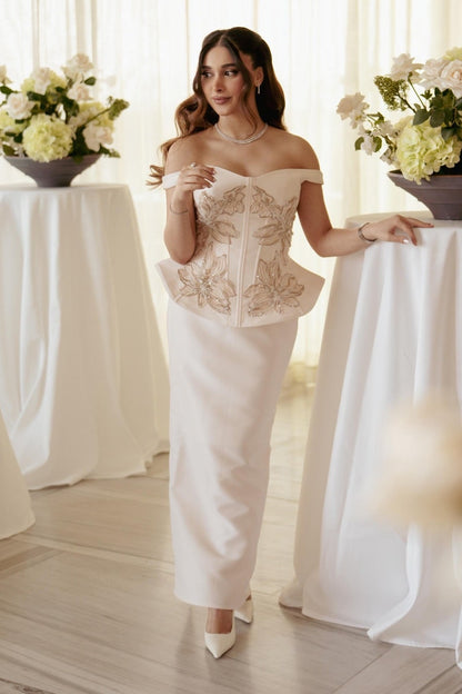 Off-the-Shoulder Peplum Corset Column Dress