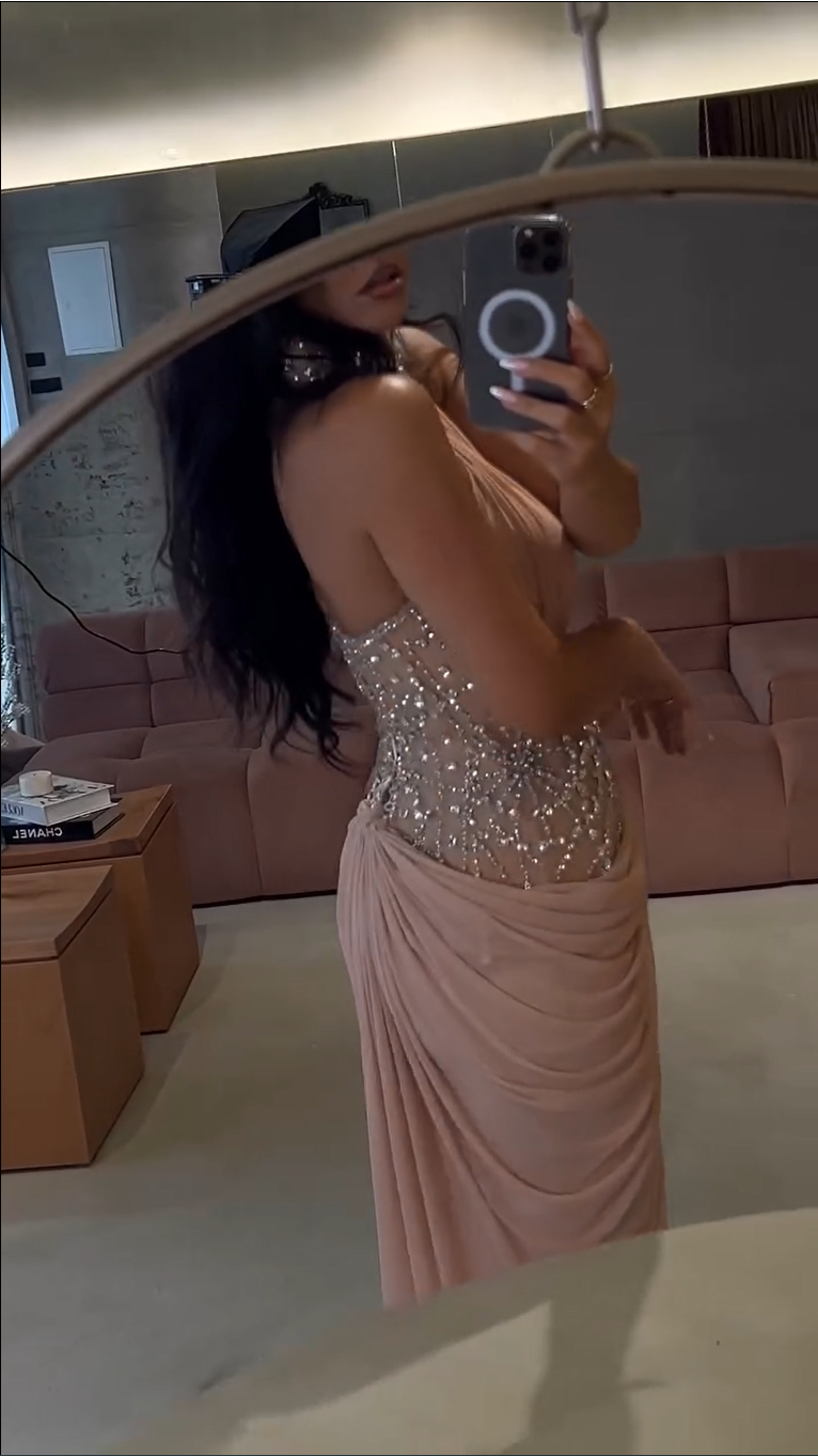 Halter Neck Beaded Corset Evening Gown with Draped Skirt