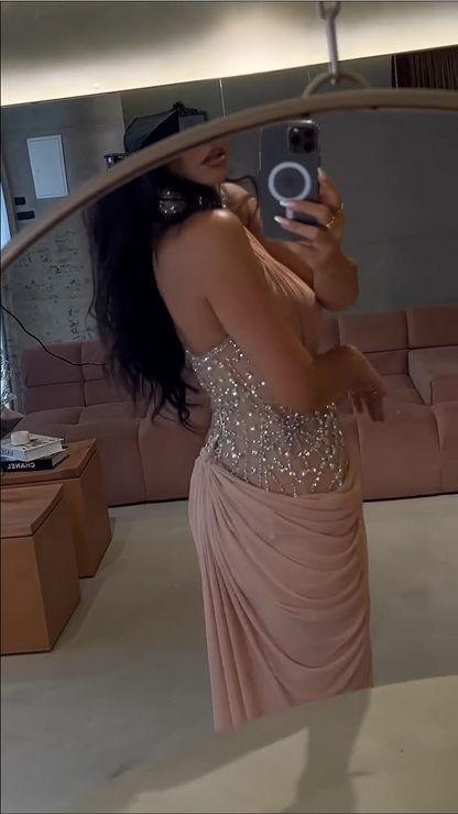 Halter Neck Beaded Corset Evening Gown with Draped Skirt