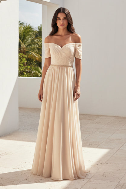 Off Shoulder Ruched Bodice Chiffon A-Line Gown